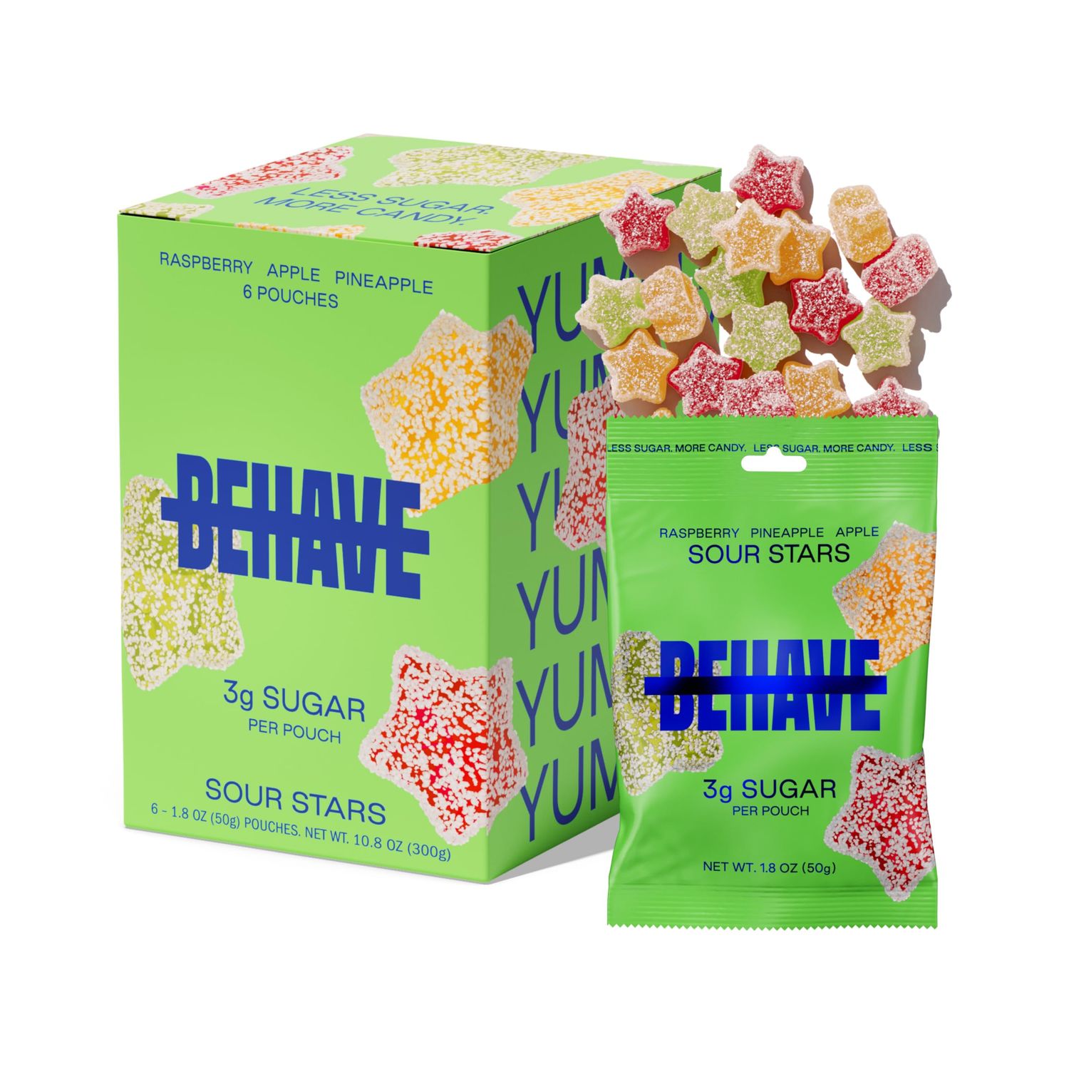 BEHAVE Low Sugar, Low Carb Gummy Candy | Healthy, High in Fiber, Keto &amp; Diabetic Friendly Snack | Non-GMO, Gluten-Free, Dairy-Free, No Artificial Flavors or Sweeteners | Sour Stars, 1.8oz (6-Pack)