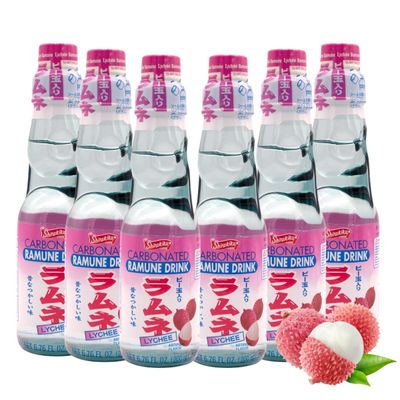 UNHA&#39;S ASIAN SNACK BOX Ramune Iconic Japanese carbonated soft drink MARBLE SODA Fun and Nostalgia, Lychee Flavor 6.76 fl.oz Bottle - Pack of 6