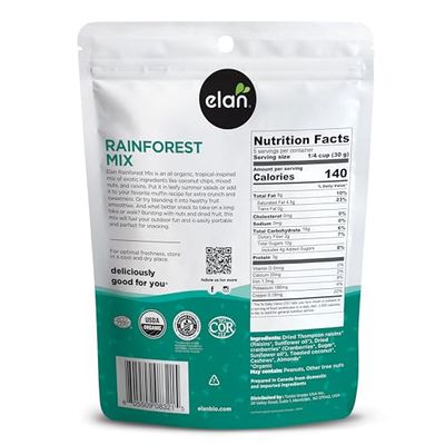 Elan Organic Rainforest Mix, 5.3 oz, Healthy Snacks, Dried Fruits (Raisins, Coconut, Dried Cranberries), Nuts (Roasted Cashews, Roasted Almonds), Non-GMO, Gluten-Free, Vegan, Kosher