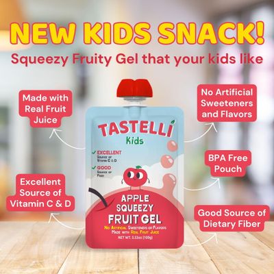 Tastelli Kids Squeezy Fruit Gel No Artificial Sweetener or Flavors, Made with REAL Fruit Juice, Fiber-Rich Prebiotic Gut Support, Vitamin C &amp; D, Vegan, Gluten Free (10 Count, Apple)