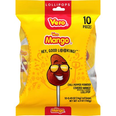 Vero Mango Lollipops Coated with Chili Powder, Hot and Sweet Candy Treat, Artificially Flavored, Net Wt. 4.93 Ounces, 10 Count Bag