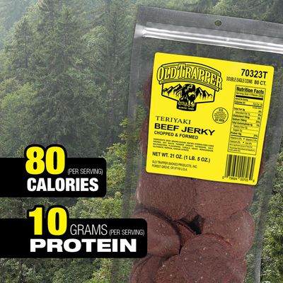 Old Trapper Double Eagle Beef Jerky, Teriyaki Flavor, 21oz. 80-Count Package, Natural Wood Smoked Meat Snacks, 10 Grams of Protein and 80 Calories per Serving (Pack of One)