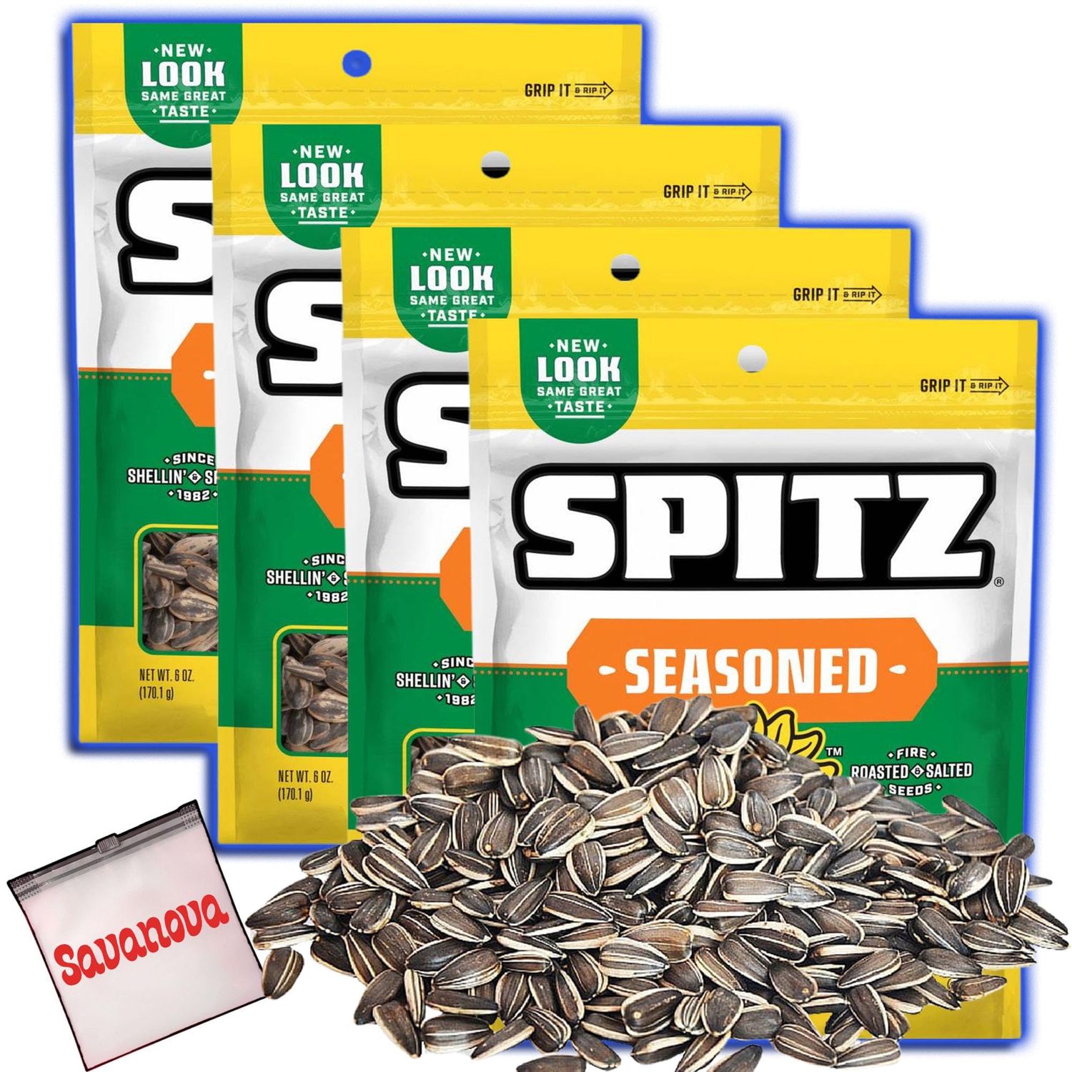 Sunflower Seeds Seasoned, 6oz (4-Pack) Perfect for Sports Events, Hiking, or Work Snacks in a resealable Bag With resealable Savanova pouch