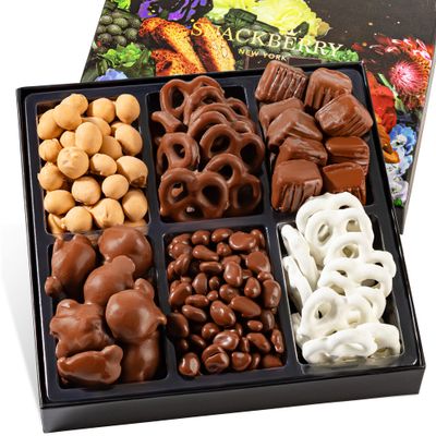 Snackberry Premium Chocolate Gift Box - Gourmet Assortment with Chocolate Pretzels, Maple Nuts, Yogurt Pretzels &amp; Milk Chocolate Caramels - Perfect for Holidays, Birthdays &amp; Corporate Gifts