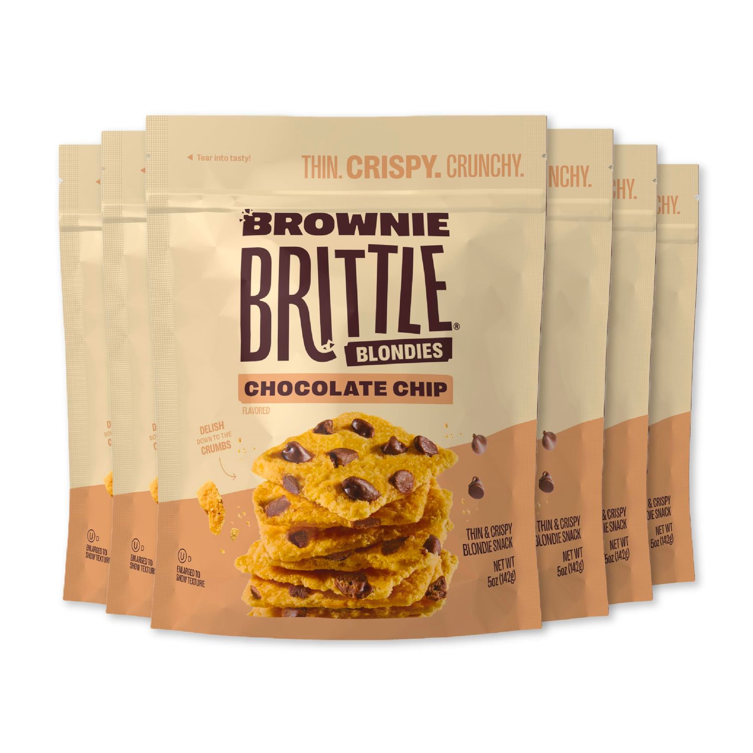 Brownie Brittle - Chocolate Chip Blondie Thin and Crispy Sweet Snacks (Pack of 6, 5 oz), Rich Gourmet Brownie Bites Dessert