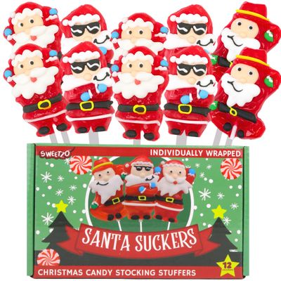 Santa Suckers, Individually Wrapped Christmas Lollipops, Holiday Candy Party Favors and Stocking Stuffers, 12 Pieces
