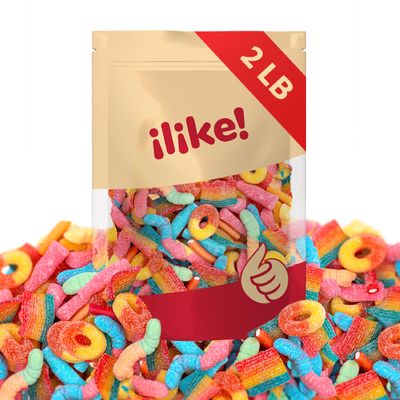 Gummy Candy Mix 2-Pound Bag | Peach Rings, Pencil Bites, Worms, Bottles, Belts | Sour and Sweet Treats