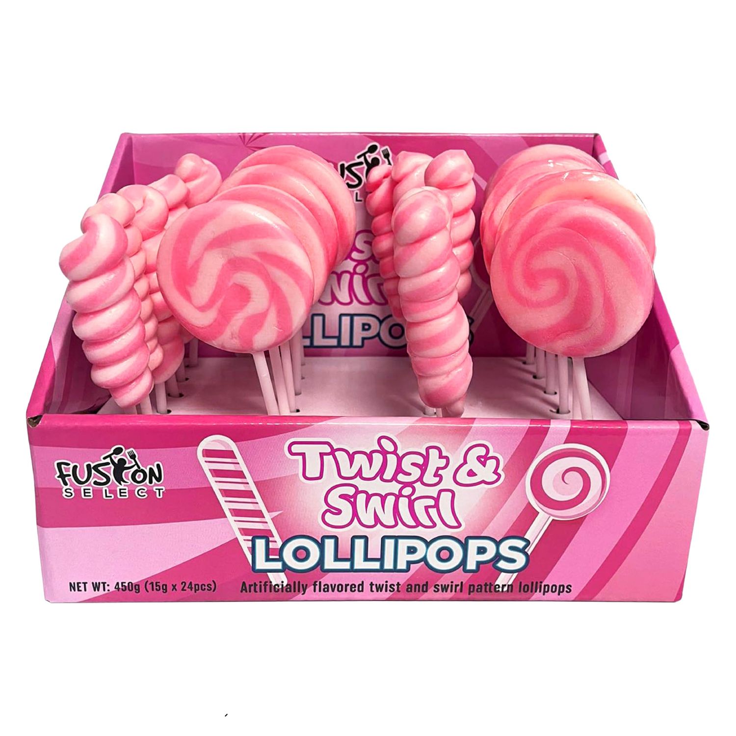 Fusion Select Twirl &amp; Swirl Pink Lollipops - Pink Candy Suckers for Buffet, Baby Shower &amp; School - Sweets for Party Favors &amp; Goodie Bags - Individually Wrapped Sweet Snacks - 24 Lollipops Per Bulk Box