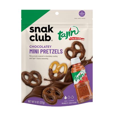 Snak Club Tajin Chocolatey Mini Pretzels, Chocolate Covered Pretzels with Chili and Lime Seasoning, Mild, No Artificial Colors, 8 oz Resealable Bag