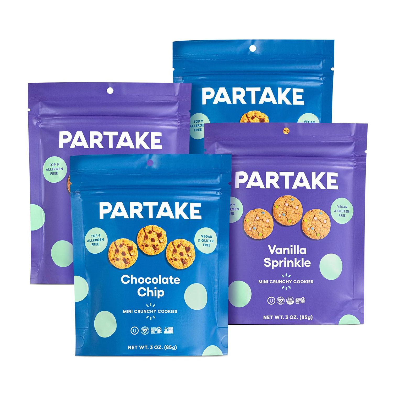 Gluten Free Partake Crunchy Mini Cookies - 4 Pouch Variety Pack | Vegan | Dairy Free, Nut Free, Egg Free, Wheat Free, Soy Free | Safe School Snack