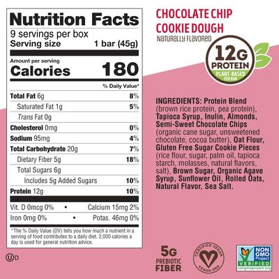 Lenny & Larry's Cookie-fied Bar - Chocolate Chip Cookie Dough Protein Bars 9x45g - Healthy High Protein Snack with 12g Plant Protein & 5g Fiber - Gluten free Power Bar, Keto Friendly, Non-GMO & Vegan