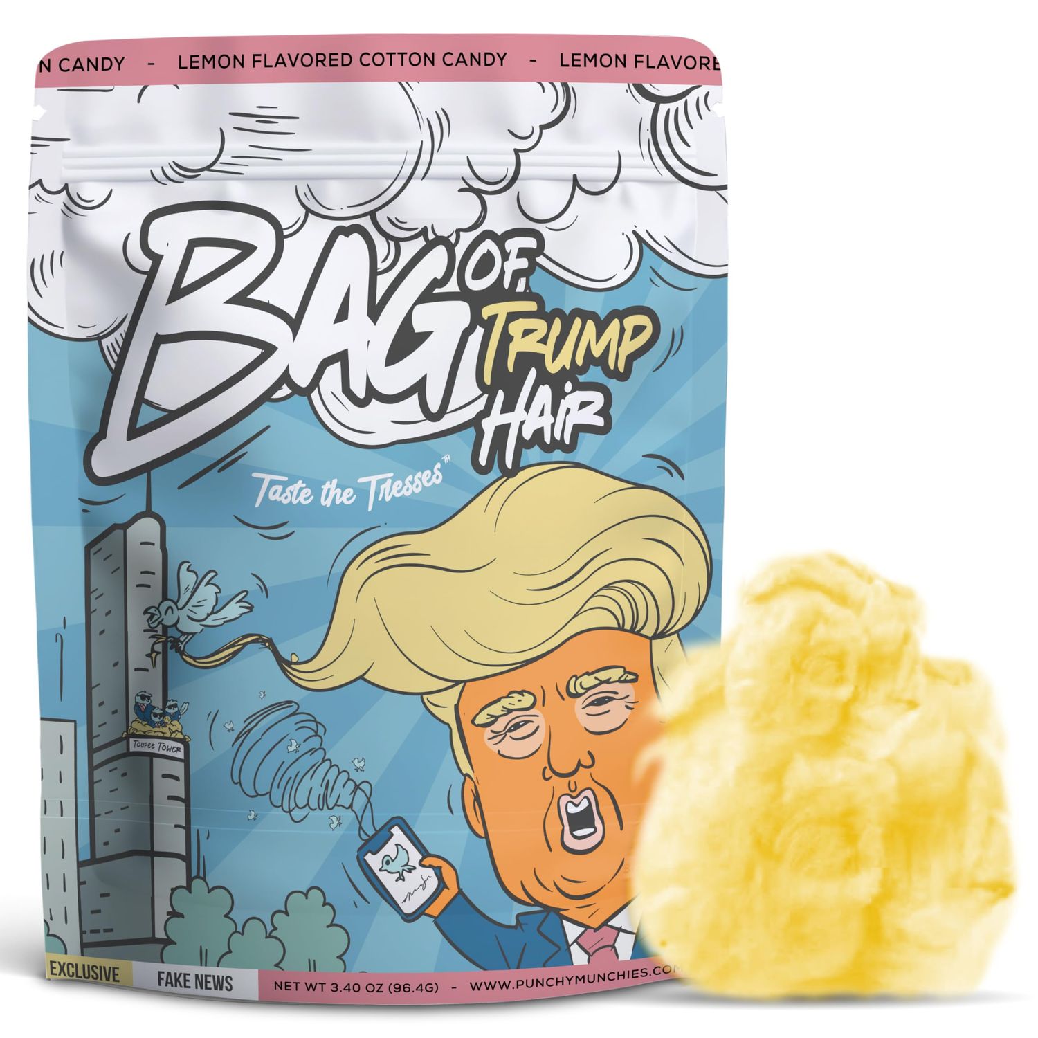 Punchy Munchies Bag of Trump Hair Cotton Candy - 3.4 oz Novelty Gag Gift for Kids, Teens - Funny Birthday Party Favor for Men, Women - White Elephant Idea for Coworkers