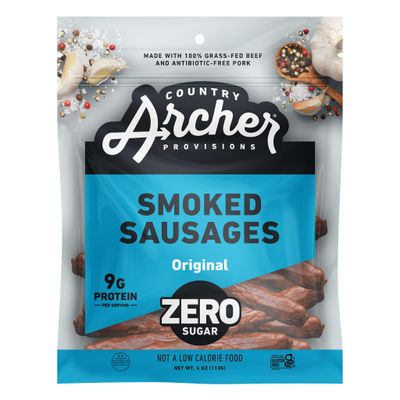 Zero Sugar Smoked Sausages by Country Archer, 100% Grass Fed &amp; Finished Beef and All Natural Pork Sticks, Sugar free, Non-GMO, Gluten Free, High Protein, 100 Calorie Snacks, Original, 4 Ounces, 5 Pack
