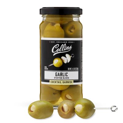 Collins Queen Premium Garlic-Stuffed Green Olives Garnishes for Cocktails Martinis, Bloody Marys, Salads, Snack Trays, Charcuterie, Cheese Plates, 5 oz, Black