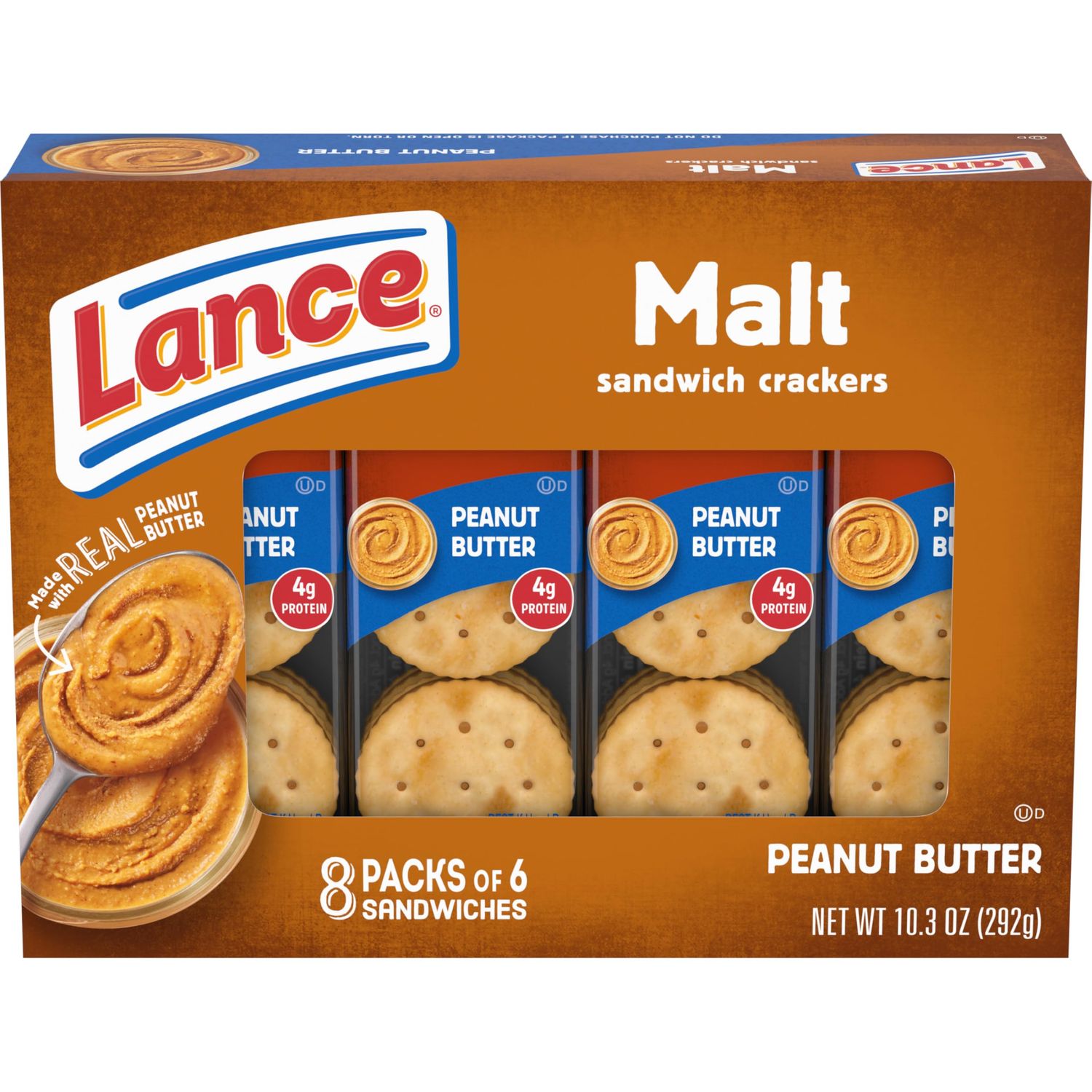 Lance Malt Real Peanut Butter Sandwich Crackers, 1.29 oz, 8 count