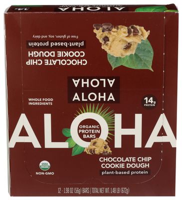 Aloha Organic Chocolate Chip Cookie Dough Protein Bars, 14g Plant-Based Protein, USDA Certified Organic, Gluten Free &amp; Non-GMO, 1.9 Oz (Pack of 12)