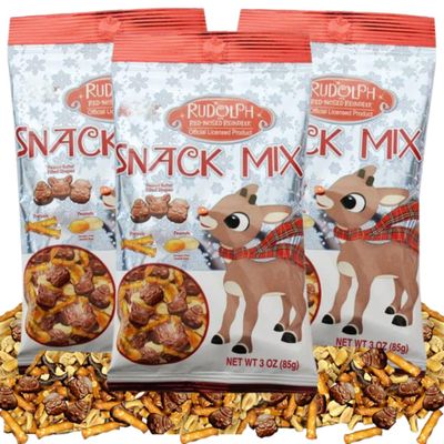 Holiday Rudolph Snack Mix, On-the-Go Sweet and Savory Treats, Stocking Stuffer, Christmas Bowl Filler, and More, 3 Pack, 3 Ounces