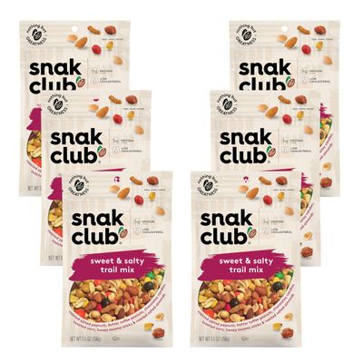 Snak Club Sweet and Salty Trail Mix with Peanuts, Butter Toffee Peanuts, Chocolatey Candies, Toasted Corn, Honey Sesame Sticks, and Almonds, Kosher Snack, 5.5 oz Resealable Bags, 6 Pack