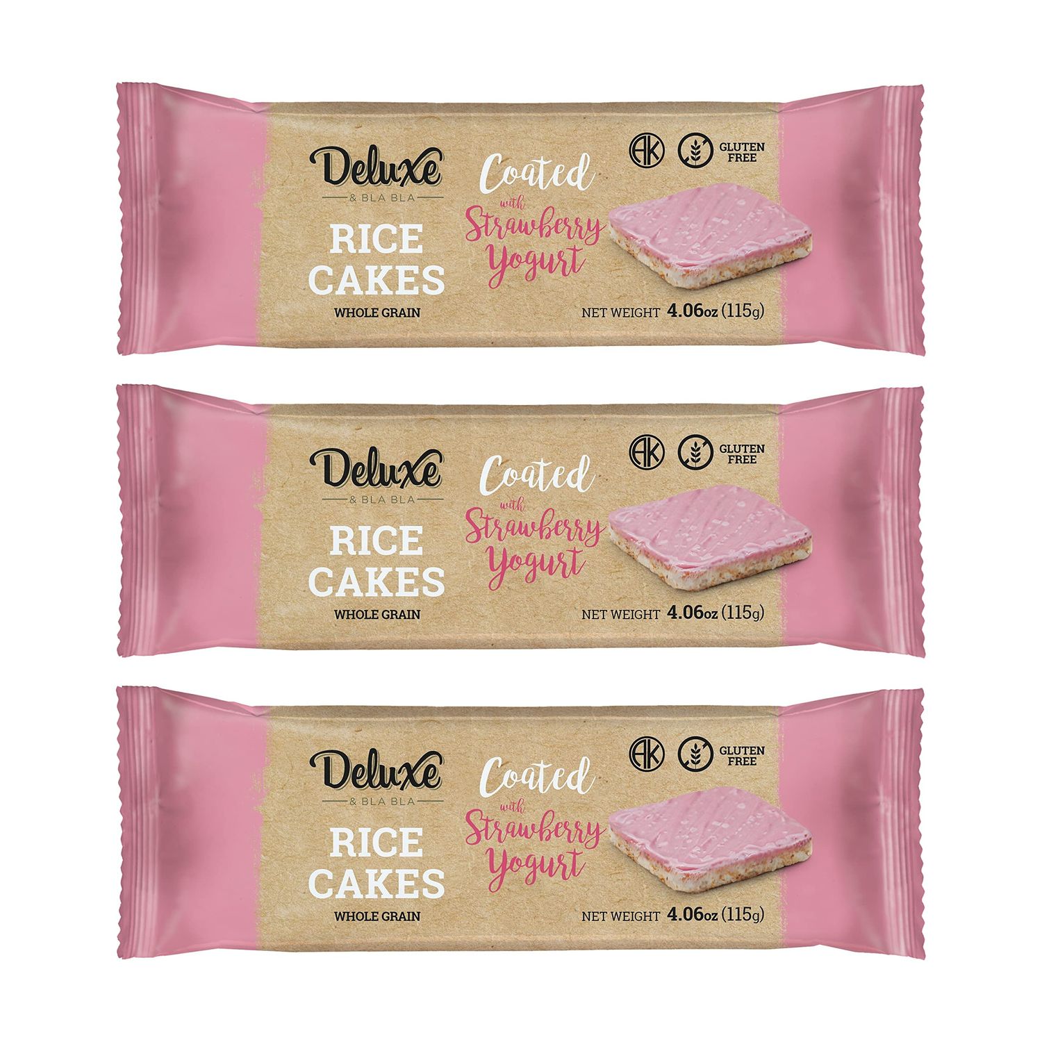 Deluxe &amp; Bla Bla Thin and Crispy Strawberry Yogurt Chocolate Rice Cakes, Kosher Certified Dairy, Gluten Free, Nuts Free Snack Pack Of 3
