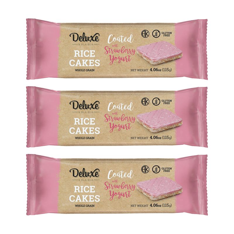 Deluxe &amp; Bla Bla Thin and Crispy Strawberry Yogurt Chocolate Rice Cakes, Kosher Certified Dairy, Gluten Free, Nuts Free Snack Pack Of 3