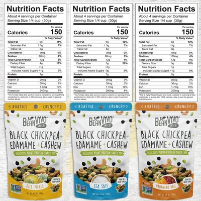 BeanVIVO Plant Based Protein Snacks - Flavors Sea Salt, Habanero BBQ &amp; Dill Pickle with Dried Edamame, Roasted Cashew and Chickpeas - Non-GMO Crunchy Salad Toppers - 3-Pack (4.5 oz Each Pouch)