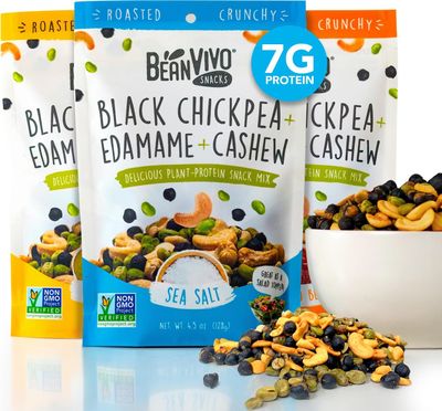 BeanVIVO Plant Based Protein Snacks - Flavors Sea Salt, Habanero BBQ &amp; Dill Pickle with Dried Edamame, Roasted Cashew and Chickpeas - Non-GMO Crunchy Salad Toppers - 3-Pack (4.5 oz Each Pouch)
