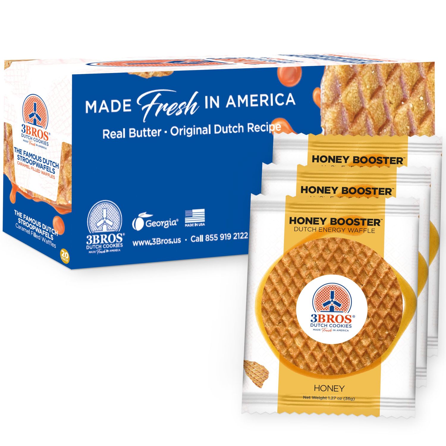 3Bros Honey Booster - Original Dutch Honey Energy Waffles - Individually Wrapped Energy Stroopwafels - Made Fresh in the USA with Performance Boosting Ingredients - Perfect Waffle Snacks - Box of 20