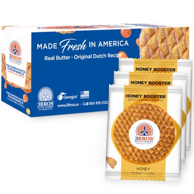 3Bros Honey Booster - Original Dutch Honey Energy Waffles - Individually Wrapped Energy Stroopwafels - Made Fresh in the USA with Performance Boosting Ingredients - Perfect Waffle Snacks - Box of 20