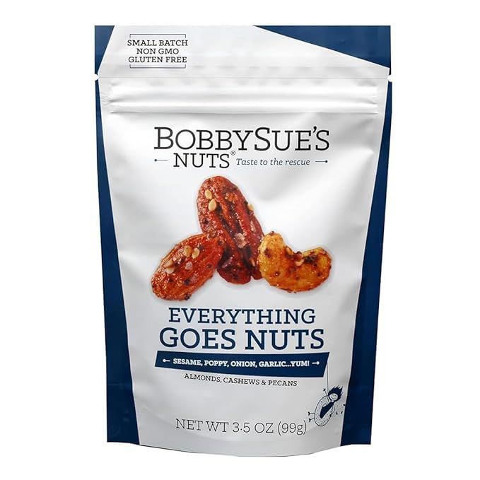 BobbySue&#39;s Nuts Everything Goes Nuts Style, All-Natural Gourmet Savory Nut Mix of Almonds, Cashews, Pecans, 3.5 Ounce