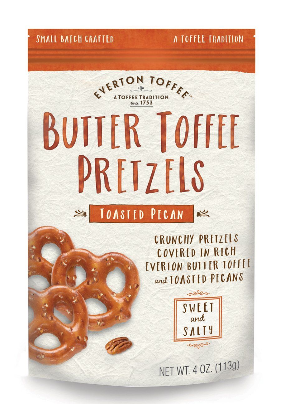 Everton Toffee Butter Toffee Pretzels, Toasted Pecan Flavor (4 oz. bag, 6-pack), Gourmet Artisan Toffee Covered Pretzels, Sweet and Salty Mini Pretzel Snacks, Small Batch Crafted