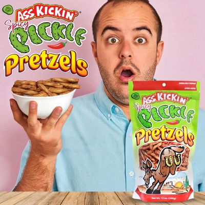 ASS KICKIN Spicy Pickle Pretzels 12 Ounce Size Flavor Pack Seasoned Pretzel Twists