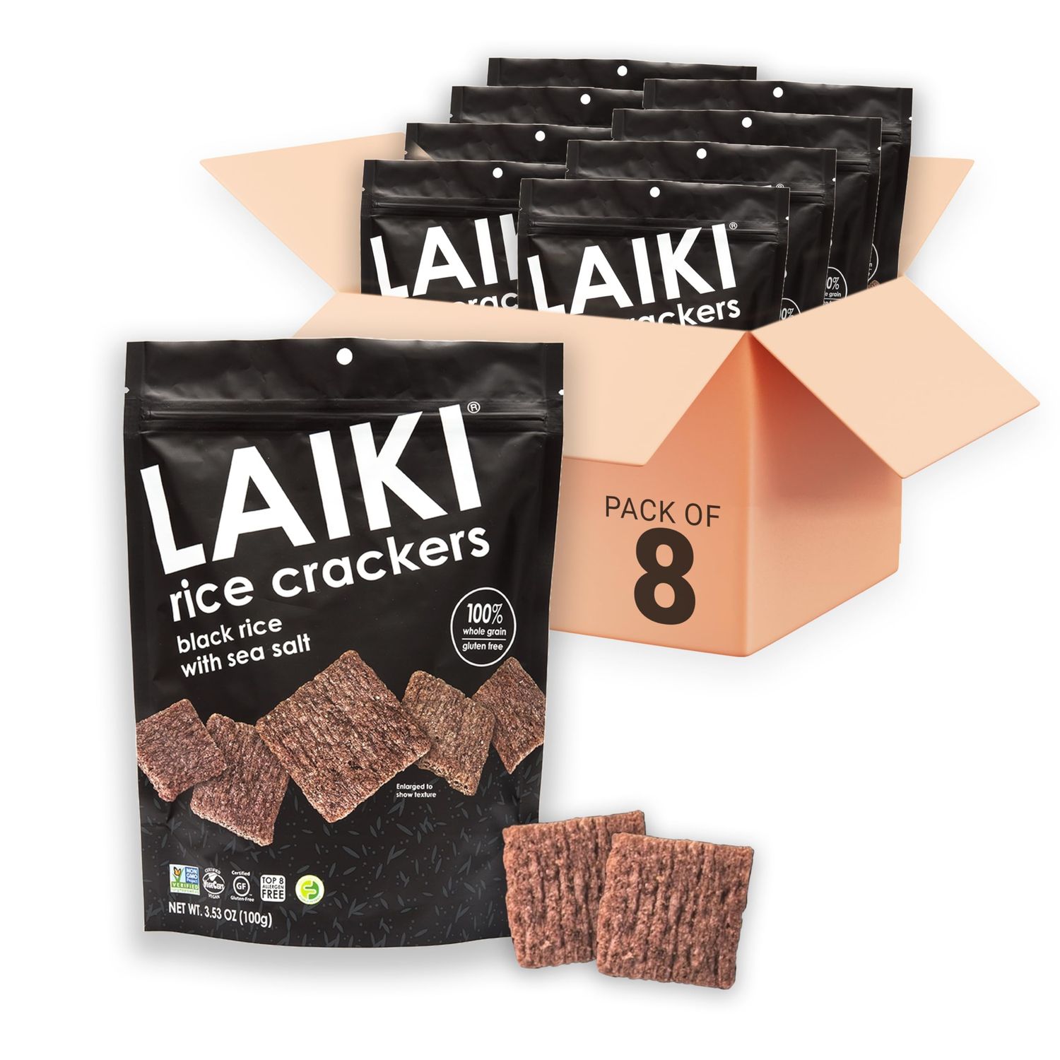 LAIKI Black Rice Crackers - Gluten Free Snacks - Deliciously Light and Airy Crunch - Allergen-Friendly, Vegan, Non-GMO Verified, FODMAP Friendly Rice Crackers Red Rice - 3.53 Ounce Bag (Pack of 8)