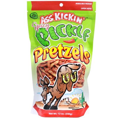 ASS KICKIN Spicy Pickle Pretzels 12 Ounce Size Flavor Pack Seasoned Pretzel Twists