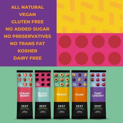 Fruit Snacks by Zest Delites, Fruit Leather, Healthy Snacks for Adults, Dried Fruit Snacks Bulk, Vegan Fruit Bars, Apple-Based, Strawberry, Peach, Blackberry, Plum, Tart Cherry, 0.88 oz x 50