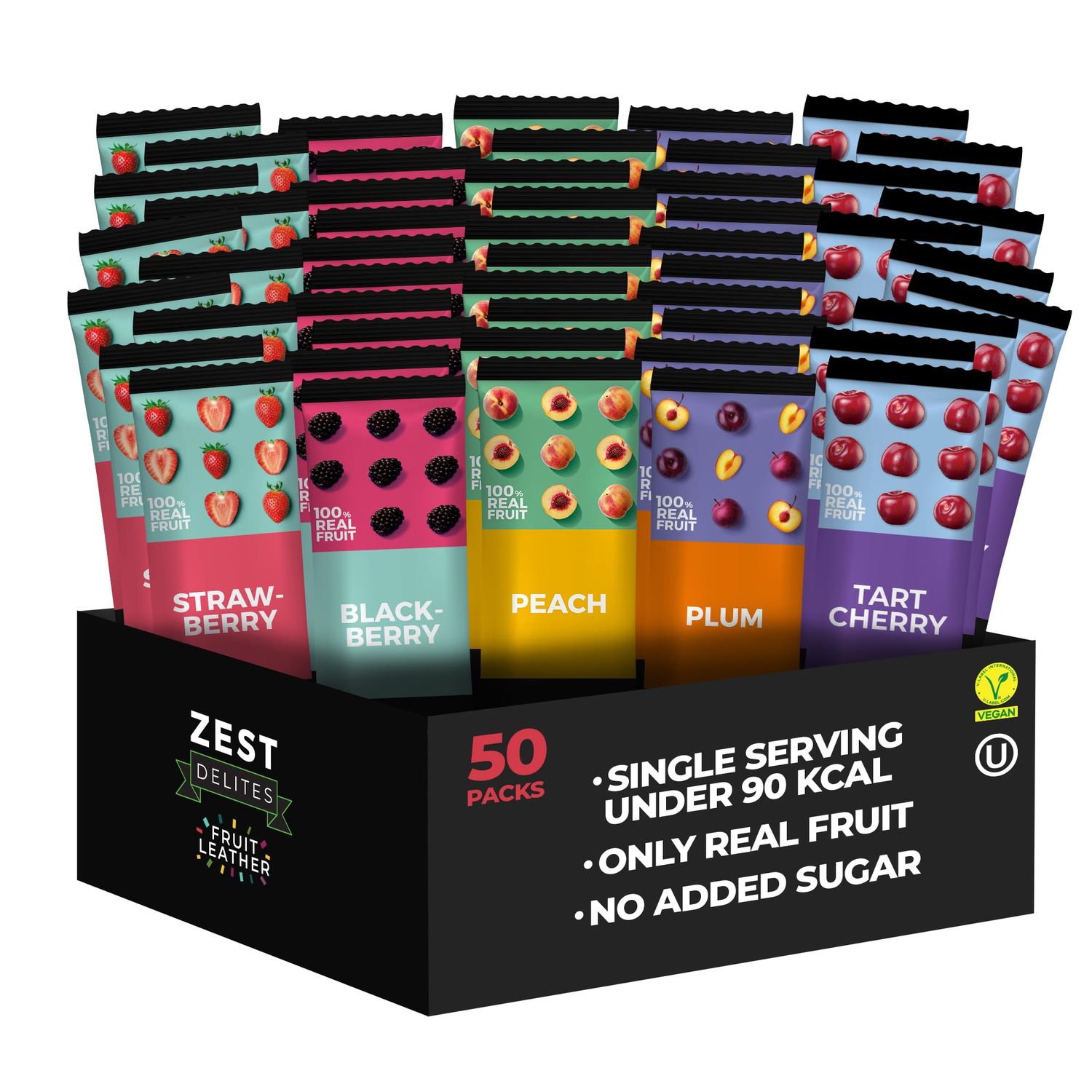 Fruit Snacks by Zest Delites, Fruit Leather, Healthy Snacks for Adults, Dried Fruit Snacks Bulk, Vegan Fruit Bars, Apple-Based, Strawberry, Peach, Blackberry, Plum, Tart Cherry, 0.88 oz x 50