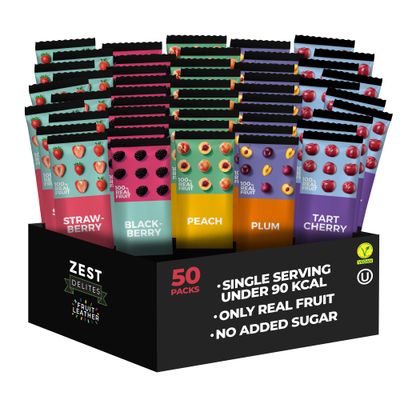 Fruit Snacks by Zest Delites, Fruit Leather, Healthy Snacks for Adults, Dried Fruit Snacks Bulk, Vegan Fruit Bars, Apple-Based, Strawberry, Peach, Blackberry, Plum, Tart Cherry, 0.88 oz x 50