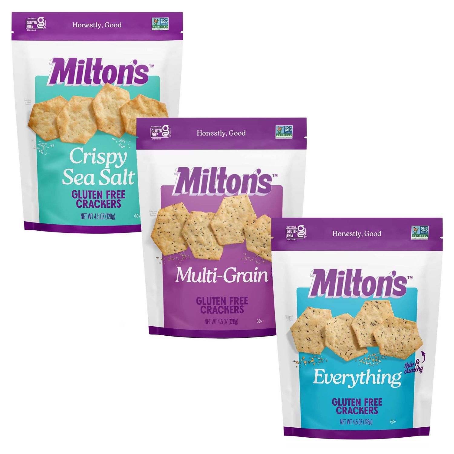 Miltons Gluten Free Crackers Variety Bundle (Crispy Sea Salt, Multi-Grain, Everything) - Baked Crackers, Non-GMO Project Verified, Kosher, Whole Grain, Certified Gluten Free - 4.5 Oz Each, Pack of 3