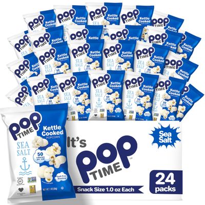 Poptime Kettle Cooked Popcorn Snacks - Sea Salt - 1 Oz Bags - 24 Count - Whole Grain, Non-GMO, Gluten-Free, Dairy-Free, Kosher - Low-Calorie Healthy Snack