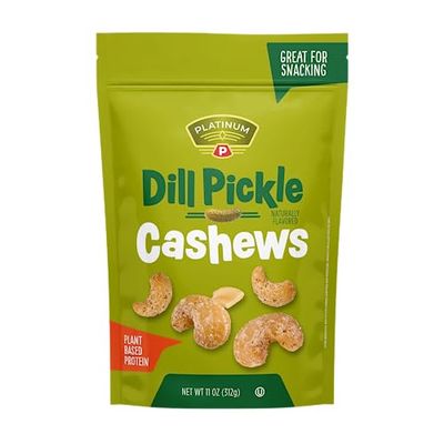 Platinum Dill Pickle Cashews - Plant Based Protein, Fiber, Healthy Snack - Roasted with Tangy Zest of Dill Pickle - Can Bring at Home, Work, Office, Gym &amp; School - 11oz Individual &amp; Resealable Pouch