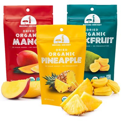 Mavuno Harvest Organic Dried Fruit Variety Pack | Dried Mango, Pineapple, and Jackfruit | Healthy, Vegan, No Sugar Added, Non GMO Snacks for Kids &amp; Adults | 2 Ounce, Pack of 3