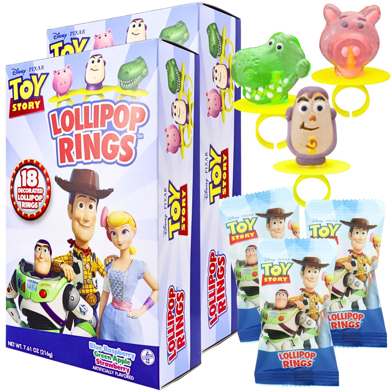 Sweetzo Toy Inspired Individually Wrapped Lollipop Rings Birthday Party Supplies, Buzz, Rex, and Hamm, Character Shaped Suckers, Pack of 2, 18 in Each Box