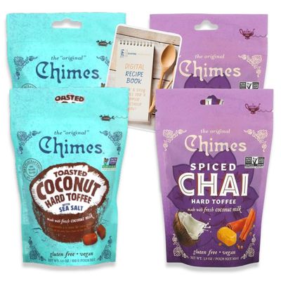 Chimes Coconut Hard Toffee Variety Pack of 4, 2 of each (Toasted Coconut &amp; Spiced Chai) The Original Non-GMO, Gluten Free, Vegan Hard Candy, Dairy Free, Made with Fresh Coconut Milk &amp; Real Cane Sugar