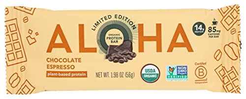 Aloha Organic Chocolate Espresso Protein Bars, 14g Plant-Based Protein, 85mg Caffeine, USDA Certified Organic, Gluten Free &amp; Non-GMO, 1.98 Oz (Pack of 12)