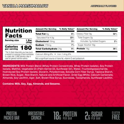 BSN Protein Crisp Bar, Protein Snack Bars, Crunch Bars with Whey Protein and Fiber, Gluten Free, Vanilla Marshmallow, 12 Count (Packaging May Vary)