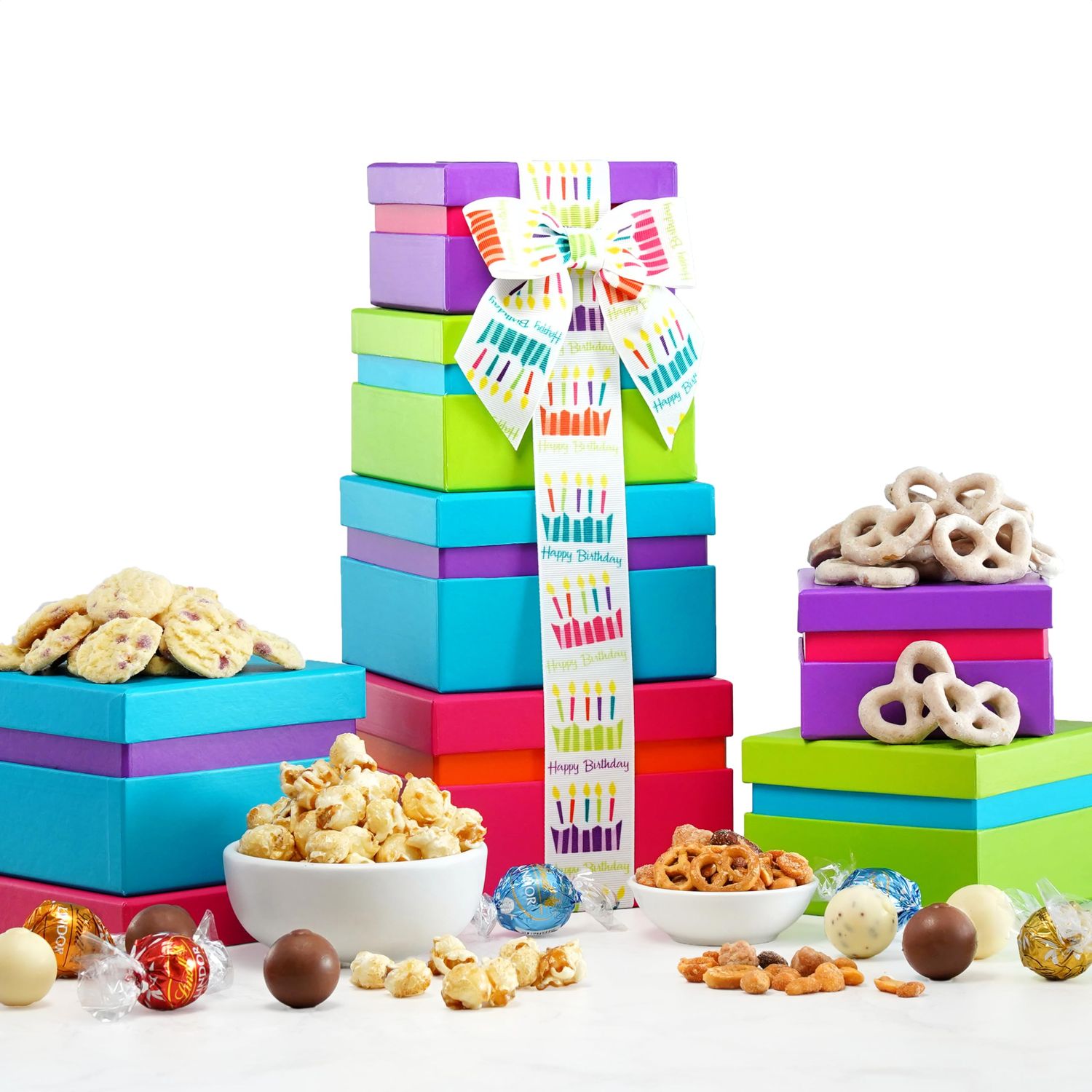 Broadway Basketeers Birthday Food Gift Basket 4 Box Tower - Snack Box, Sweet &amp; Savory Treats for Parties, Best Wishes, Birthday Presents for Women, Men, Mom, Dad, Her, Him, Families