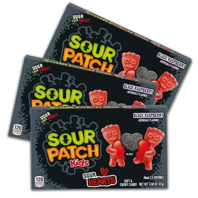 Sour Patch Kids Sour Hearts - Black Raspberry - Valentine&#39;s Day Sweet and Sour Candy - Theater Box - Pack of 3-3.08oz Boxes