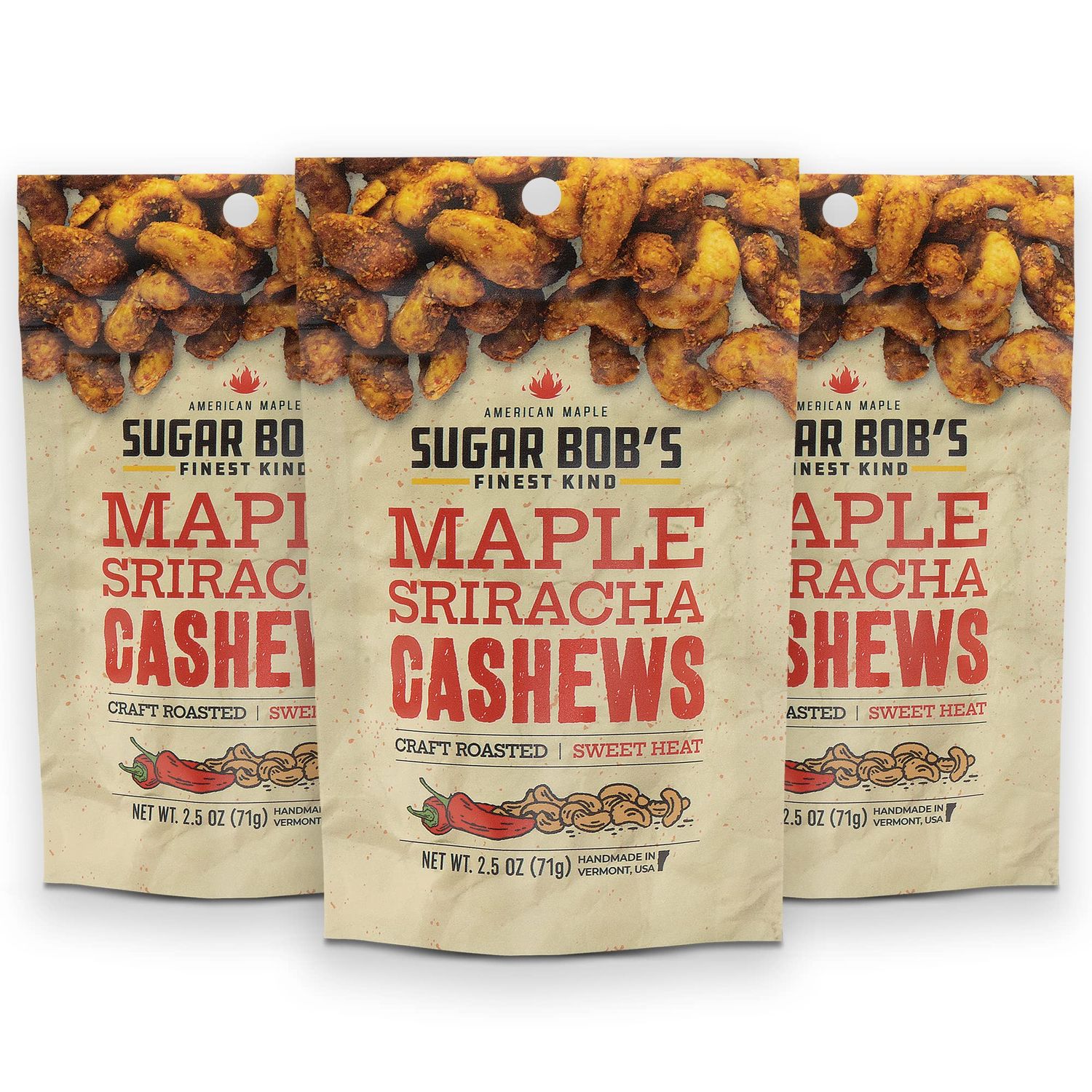 Sugar Bobs Finest Kind, Maple Sriracha Cashews, Slow Roasted Sweet and Salty Nuts, Handmade in Vermont, 2.5 oz (Pack of 3)