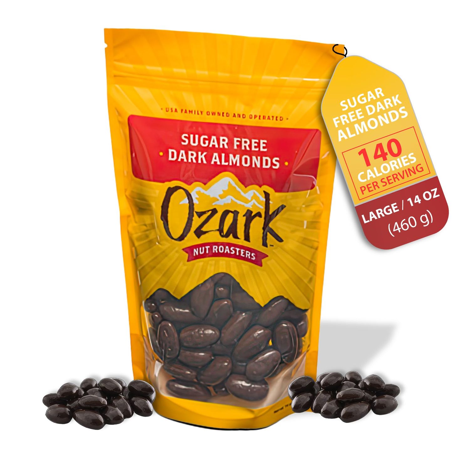 OZARK NUT ROASTERS, Sugar-Free Dark Almonds, Chocolate-Flavored Snack Nuts, World-Class Gourmet Candied Peanuts, Resealable Pack (14.0 oz)