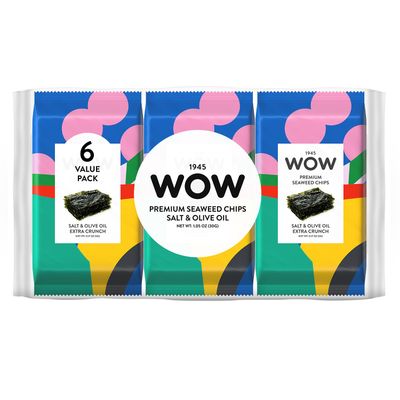1945 WOW Premium Seaweed Chips, Salt &amp; Olive Oil - 6 Count - Roasted Seaweed Snacks - Vegan, Gluten Free, Non GMO, Keto - Healthy Snack for Kids &amp; Adults