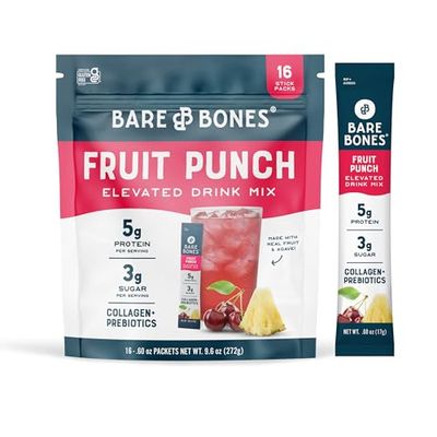 Bare Bones Fruit Punch Elevated Drink Mix With Collagen &amp; Prebiotics | On-the-Go Stick Packs Powdered Refreshment with Blend of Health and Convenience | 3g Sugar | 16 Packets (.60 oz)